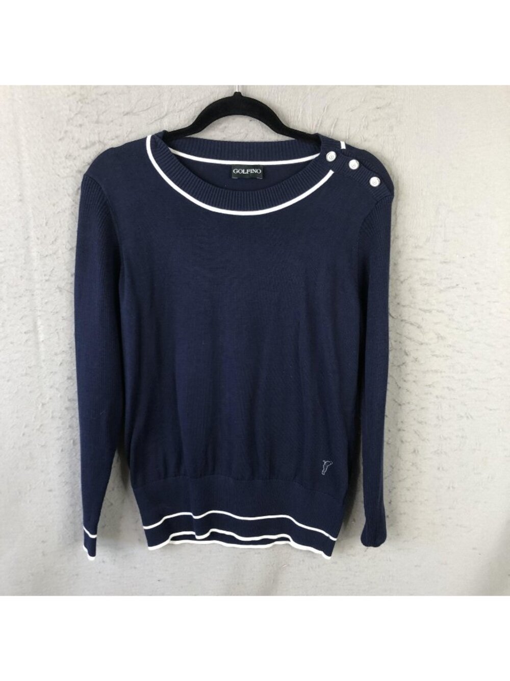 GOLFINO Sweater Womens M Blue Stripe Trim Button Shoulder Golf Nautical Knit